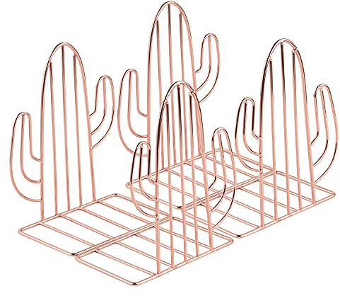 Bookends, MSDADA Metal Book Ends for Shelves, Geometric Book Holder for Heavy Books, Decorative Cactus Book Shelf Holder, Non-Skip Book Stoppers for Office, School, Home(Rose Gold, 2 Pairs)