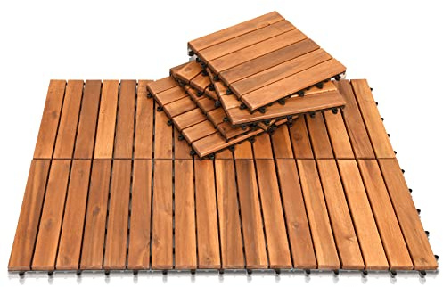 Sonnewelt Lot de 33 carreaux en bois d'acacia - Mosaïque - Pour balcon, balcon - 30 x 30 cm - Système d'emboîtement - Mosaïque - Peut être découpé - Pour terrasse, balcon (3 m²)