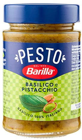 Barilla Pesto Basilico e Pistacchio con Basilico 100% Italiano e Granella di Pistacchio, Consistenza Cremosa con Granelli di Frutta Secca, Gusto Avvolgente Delicatamente Tostato, Sugo Per Pasta, 190 g