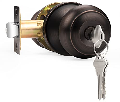 Probrico Door Knobs with Lock and Key, Exterior Door Locks, Flat Ball Knob Style, Oil Rubbed Bronze, 1 Pack