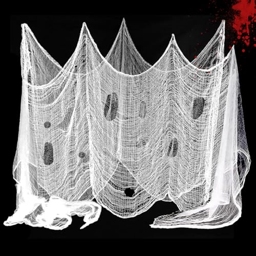 Meleager Tissus Halloween Blanc, 215 * 500CM Taille Gaze d'halloween, Drap Blanc Halloween, Halloween Tissu Effrayant Blanc pour Fête des Maisons Hantées Portes d'Entrée à l'Extérieur