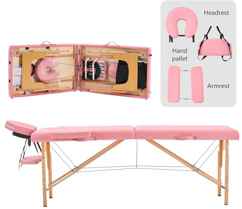 YOUNIKE Massage Table Portable Lightweight 2 Folding Adjustable Lash Facial Tattoo Bed Professional Spa Physical Therapy Home Salon Wooden Frame Pink with Accessories
