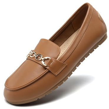 DREAM PAIRS Mocasines para Mujeres Cómodos y Ligeros para Uso Casual, Zapatos Planos de Trabajo para Caminar con Comodidad,Size 39,Marrón-PU,DWUMSP2501