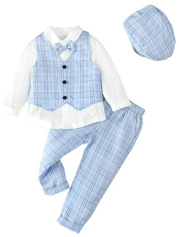 Lito Angels Baby barn pojkar gentleman rutig väst kostym set formella bröllopskläder med hatt, grå grön blå brun, BLÅ, 5-6 År