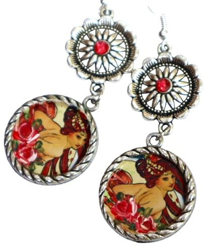 Vintage Style Sterling Silver Earwires Art Nouveau Dangle Earrings with Alphonse Mucha Art with Hand Painted Rose Designs Crystal Rhinestones Romantic Bohemian Jewelry for Women
