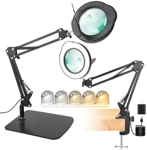 15X 30X Magnifying Glass with Light and Stand, LED Desk Lamp with Base and Clamp, 5 Color Mode, 10 Dimmable Levels, Hands-Free Magnifying Glasses for Close Work, Reading, Crafts, Jewelry