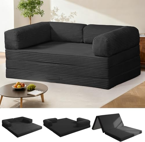 AOLVDOW Tri-Fold Foldable Mattress, Convertible Folding Sofa Bed with Removable Arms & Washable Cover, All-in-One Portable Mattress Floor Sofa Bed, No Assembly Required & Non-Slip, Queen Size, Black