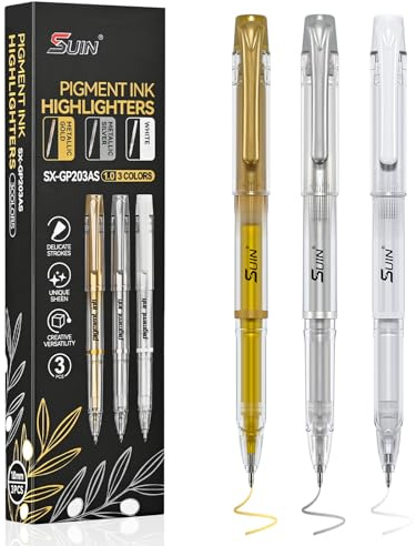 SUIN Or argent Gel blanc pour surligneurs métalliques stylos - 3 paquets d'encre mat pigment 1,0 mm point fin pour dessin papier foncé, croquis, code et écriture