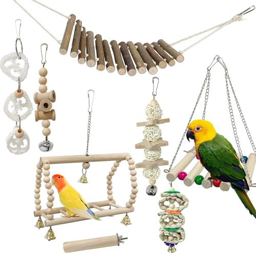 8 Pack Wood Bird Toys, Parrot Chewing Swing Hammock Ladder with Bell, Hanging Cage Toys for Budgies, Parakeets, Cockatiel, Lovebirds, Conures, Finches (Small to Medium Birds)