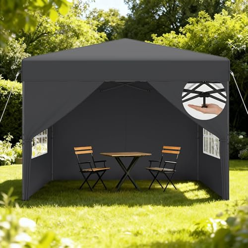 Aufun Pop-up-tält - 2,5 x 2,5 m - Vattentätt och stabilt - UV-skydd - Vikbart - Med sidoväggar - För trädgård, camping, bröllop, gårdsplan - Justerbar höjd från 240 till 260 cm - Antracit
