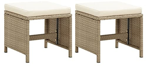 YunCangg Lot de 2 tabourets de jardin avec coussin d'assise en rotin synthétique beige, acier revêtu par pulvérisation, 41 x 41 x 35 cm, résistants aux intempéries, empilables, confortables pour