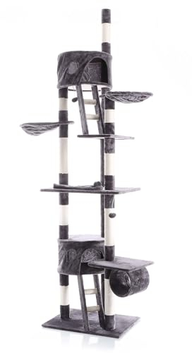 Wiltec Kratzbaum 240-260 cm dunkelgrau, Katzenkratzbaum deckenhoch mit Sisal, Kletterbaum für Katzen, Deckenspanner Katzenbaum mit Hängematten