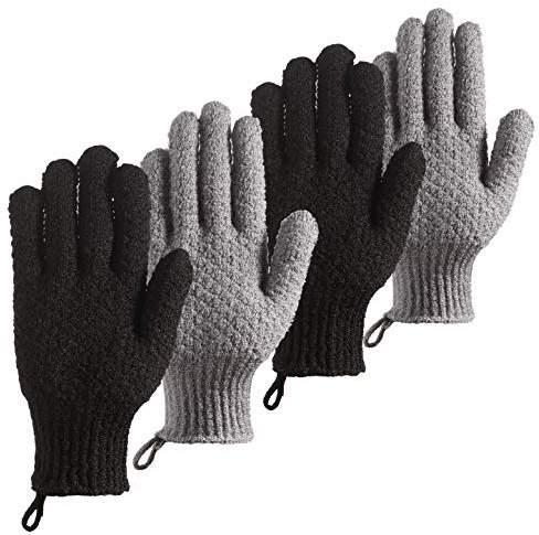 CLEEDY Bath Exfoliating Gloves - 4 Pcs Lengthened and Large Scrubbing Gloves for Shower, Spa, Massage - Scrub Mitts for Body, Face, Hand and Foot (Black and Gray)