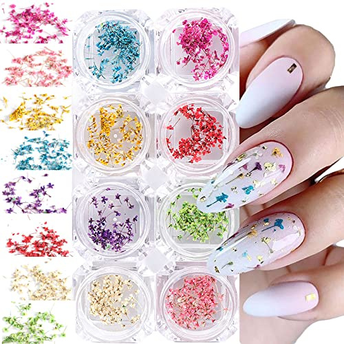 Bellecrey 8 lådor torkade blommor för naglar, 8 färger nagelkonst klistermärken torra blommor kit torkad blomma tillbehör set DIY spik dekorationer dekoration