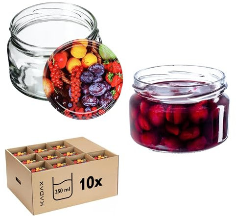 KADAX 10er Set Marmeladengläser 250ml mit Schraubdeckel Ø 82 mm in Obst - luftdichte, spülmaschinenfest, ideal für Marmelade, Chutneys, Eingelegtes Gemüse, Fleisch, Pasteten & Babynahrung