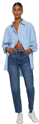 TRENDYOL Damen Dark Blue High Waist Mom Twoaw24je00076 Jeans, Dark Blue, 44 EU