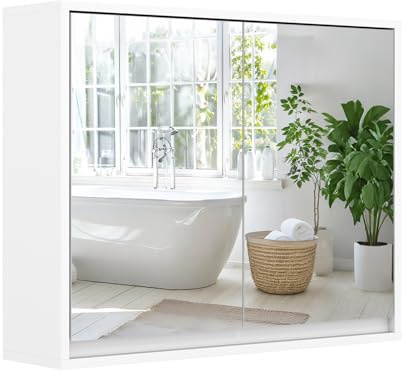 COSTWAY Bathroom Mirror Cabinet, Wall Mounted Storage Cupboard with Shelf, Home Kitchen Living Room Display Organiser Unit (Smaller Double Door, White)