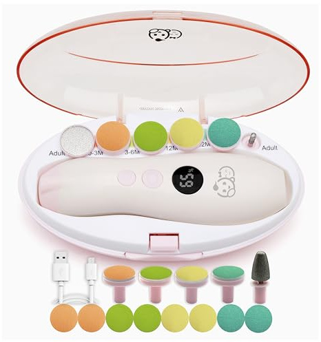 Royal Angels Lima de Uñas Eléctrica Recargable para Bebé 22 en 1 con Pantalla LCD, Estuche Rotulado, 13 Almohadillas Extra, 4 Velocidades, Cortador Seguro y Silencioso con Luz LED(blanco y rosa)