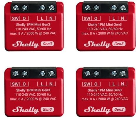 Shelly 1PM Mini Gen3 | 4er Pack | WLAN- und Bluetooth-Smart-Switch-Relais, 1 Kanal 8A mit Leistungsmessung | Hausautomation | Kompatibel mit Alexa und Google Home | iOS-Android-App