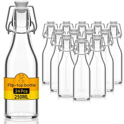 Flaschen-Fuchs Juego de 24 botellas de vidrio de 250 ml con cierre hermético - Botella para aceite, vino, licores, agua, cerveza, jugos de fruta, conservas y leche - Botellitas de vidrio pequeñas