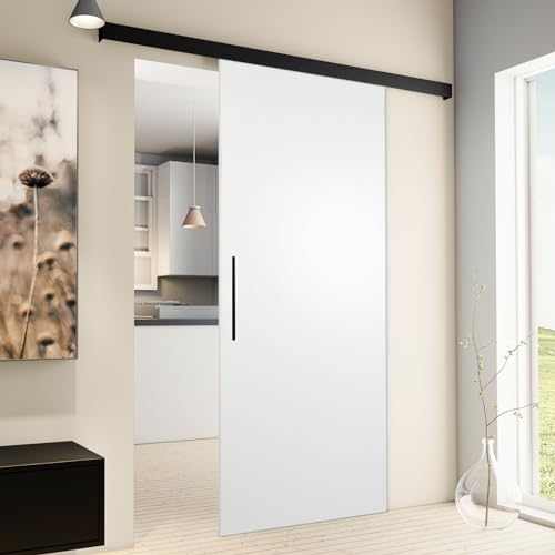 inova Holz-Schiebetür Komplettset 755 x 2035 mm weiß mit Beschlagset in schwarz mit Stabgriff + beidseitiger Softclose