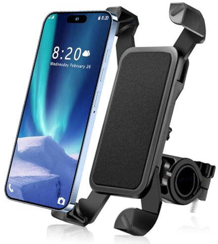 Soporte Móvil Bicicleta y Moto, Accesorios Bici Motocicleta para Montaña, Carretera y Ciudad. Fuerte, Resistente y Seguro. para Manillar, Compatible Universal, 360° Rotación, Carro Bebe y Patinete