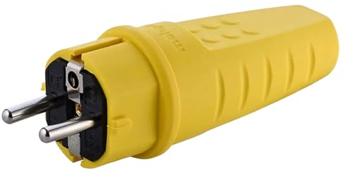 Gummistecker Außenbereich, 230V, 16A, IP44, Stormkabel bis max. 2,5mm², Bruchfest Stecker, Wasserdicht Stecker, Schutzkontakt Stecker mit Knickschutztülle, Zugentlastung (Gelb)