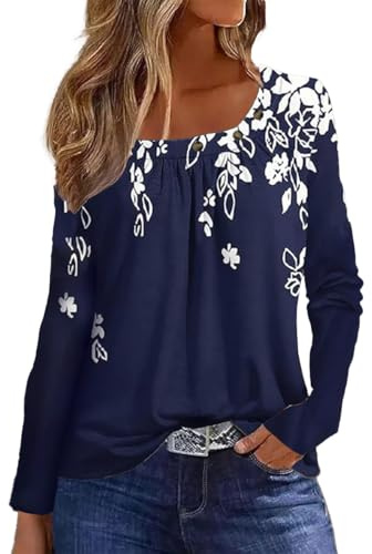 GRMLRPT Camicette Manica Lunga Stampa Floreale Boho Magliette Donna Elegante Bluse Autunno Collo Quadrato con Bottoni Classico Casuals Tops Elegante Moda (Blu,L)