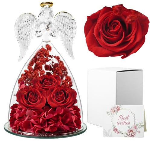 Cynrikah Rosa Stabilizzata, Vera Regalo Donna Rose Stabilizzate con Angelo di Vetro Statuette Regalo Natale San Valentine Angelo Custode Anniversario Regali Compleanno Donna Moglie Madre (Rosso)