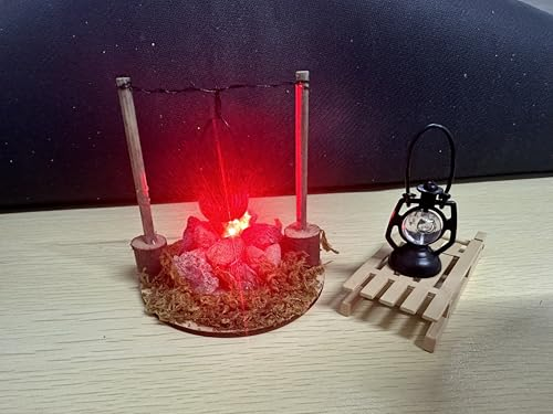 DAOUZL LED-Lagerfeuer Wichtel Zubehör Weihnachten, Miniatur Lagerfeuer Mit Schlitten Und Tragelampe, Puppenhaus Zubehör 1/12, Miniatur Weihnachten Picknick Modell