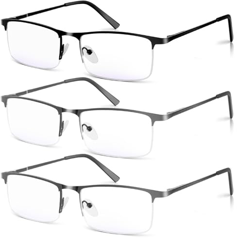Xnourney 3 Pack Blue Light Blocking Reading Glasses for Men, Stylish Half Frame Metal Computer Readers, Lightweight Spring Hinge Eyeglasses Anti Eyestrain/Glare/UV (2pcs Grey+1pc Black, 1.5)