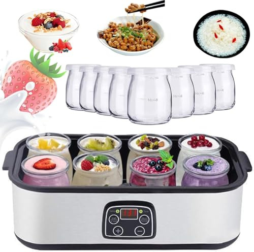 1400ml Digital Yoghurt Maker with 8 Glass Jars, Automatic Yogurt Maker Machine with Adjustable Temperature & Timer, Multi-Function Electric Yogurt Makers for Health
