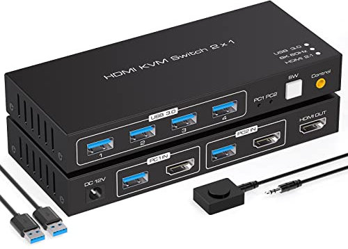 VPFET Conmutador KVM 4K120Hz HDMI 8K60Hz KVM para 2 computadoras Share1 monitores y 4 USB 3.0 compatible con control de escritorio, incluye 2 cables USB 3.0 y adaptadores de corriente