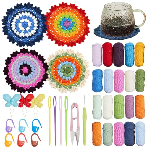 SUNNYCLUE Kit med virkade underlägg, stickning, startkit med steg-för-steg-video-självstudieinstruktioner, enkla att lära sig blomunderlägg, virkat garn för nybörjare vuxna kvinnor, semester