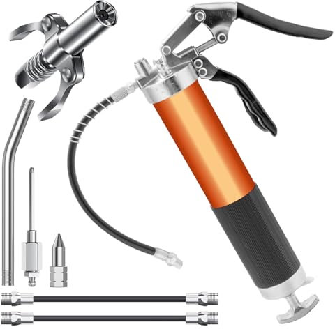 lisetar Fettpresse für Schmiernippel, 8000 PSI Hochleistungs Fettpresse Set mit Schnellkupplung, Mundstück und Fettnadeldüse, Fettpresse für 400g Fettkartusche mit Flexschlauch und Metallrohr (Orange)