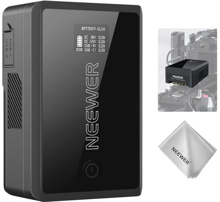 NEEWER Mini Batería V Mount 45W PD Carga Rápida 3450mAh 50Wh 14,54V, V Lock Battery con D Tap/USB C/USB A/BP/2 DC Puertos/Pantalla OLED/Paño Limpieza para Monitor Cámara Videocámara Luz Video, PS050E