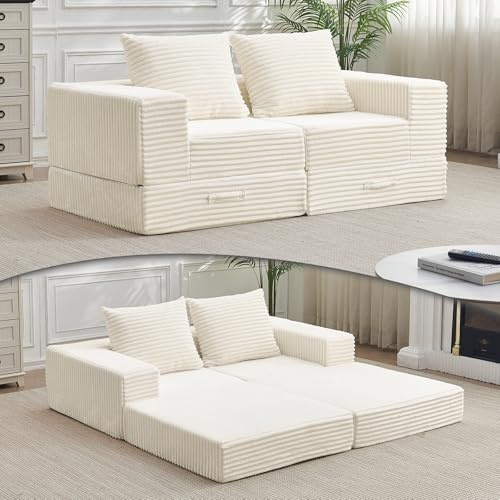 Vamcheer 2er Sofa mit Schlaffunktion -2 sitzer Modulares Schlafsofa, Zweisitzer Sofa mit 2 Kissen, Moderne Schlafcouch für Wohnzimmer und Schlafzimmer, Schlafcouch ausziehbar 180 cm breit, Beige