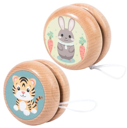 Hbbgdiy 2 Stück Holz-JoJo mit Cartoon-Tiermuster, 3, 9 x 3, cm, für Kinder, Naturholz-Jo-Jo-Spielzeug, tragbar, leicht, lustige Geschenke für Jungen, Mädchen und Erwachsene, Anfänger – Spielspielzeug