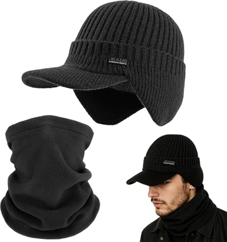 BANGTRAD Bonnet Homme Hiver, Bonnet Tricoté avec Tour de Cou en Polaire, Bonnets d'hiver avec Cache-Oreilles, Bonnets avec Visière, Doublure Epaisse et Chaude, Casquette à Visière pour Homme