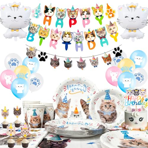 Decorazioni per Feste di Gatti,93 Pezzi Set Stoviglie & Decorazioni Gatti Compleanno Kit-Striscione Compleanno Gatto Piatti Tovaglioli Tovaglia etc Forniture per Feste di Compleanno di Gatti