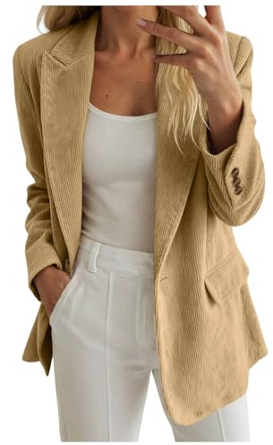 Générique Vestes de tailleur pantalon en velours côtelé pour femmes, business casual, manches longues, col cranté, décontracté. Manteau ingote Long (Khaki, XXL)