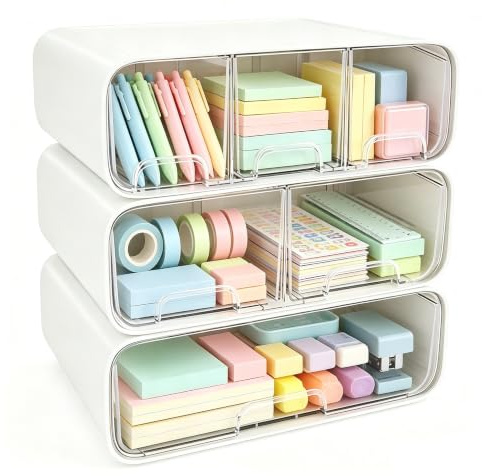3er Set Stapelbare Schubladenbox, 6 Fächer Schreibtisch Organizer für Büro