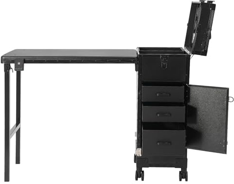 JJsdwin Trousse de maquillage professionnelle avec table, miroir LED et 3 tiroirs, table de manucure pour manucure, capacité de charge totale de 50 kg, couleur noire