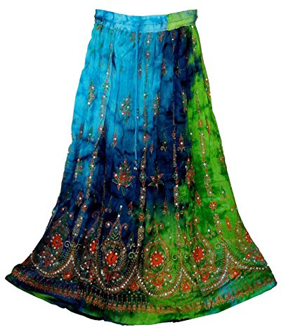 Radhy krishna fashions Multi tie dye Yoga Trendz Women's Sequined Crinkle Broomstick Gypsy Long Skirt (Green Multi)