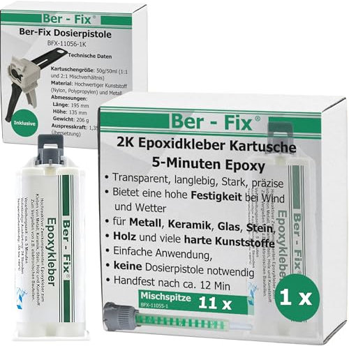 Ber-Fix 5 Min 2K Epoxidharz Kleber EXPRESS 50g Kartusche + Pistole + 10 Spitzen Starker 2-Komponenten-Kleber für Kunststoff, Metall, Holz, Glas, Stein, Beton