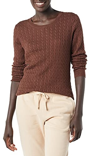Amazon Essentials Pull Léger à Manches Longues en Maille Torsadée Femme, Brun Châtaigne Foncé Chiné, L