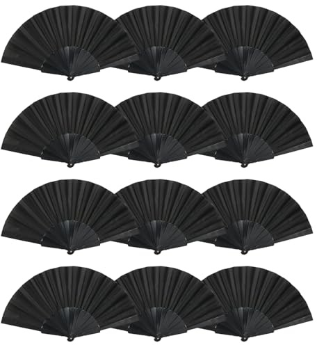 H.U.S.L® Pack 12 Abanicos Plástico 23 CM, Abanicos para Eventos, DETALLES PARA LOS INVITADOS, REGALOS DE BODA, FIESTAS, COMUNIÓN O BAUTIZO, REGALOS COMUNIÓN PARA INVITADOS (Negro, 12 PIEZAS)