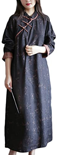 NFYM Robe en lin à manches longues pour femme - Style rétro ethnique - Imprimé floral - Style décontracté, noir, Taille Unique