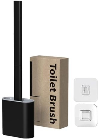 Feicuan Toilet Brush with Holder - Silicone Toilet Brush Flooring/Wall Mounted Detachable Rubber Flexible Bristles Long Plastic Handle Deep Cleaner Anti-drip Quick Drying for Toilet Bathroom, Black