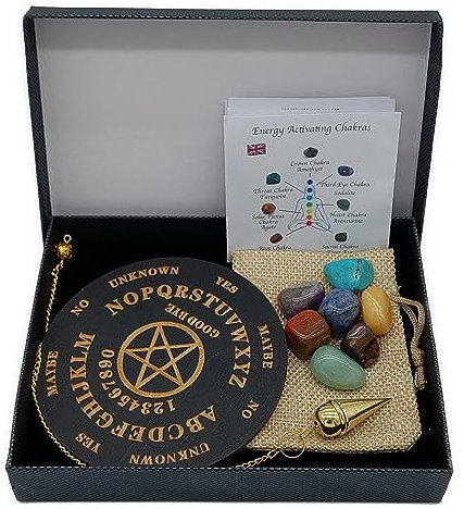 Lot de pendules de poche en laiton avec ouverture à visser - 7 pierres précieuses chakras dans une boîte cadeau - Métaphysique ésotérisme sorcellerie